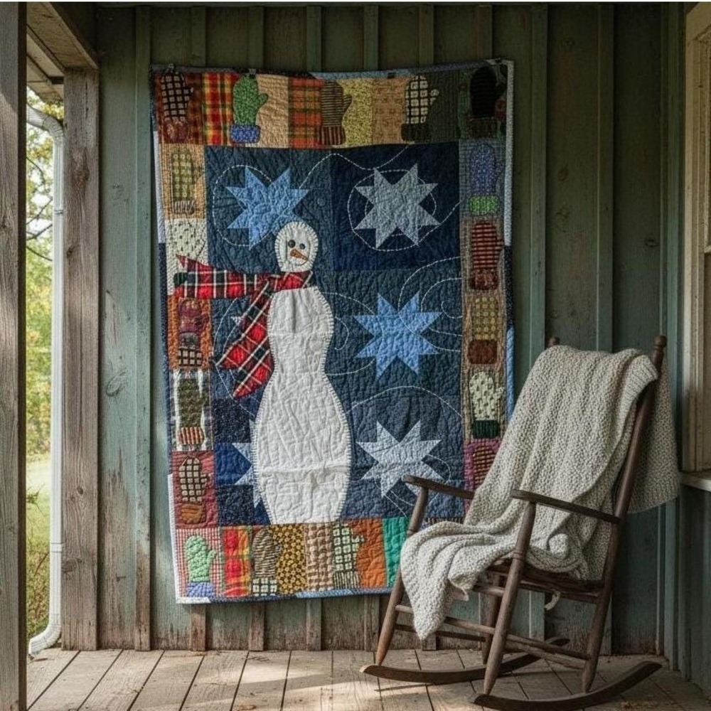 Vintage Snowman Primitive Appliqué Quilt‎ 36x54 Folk Art Wall Hanging